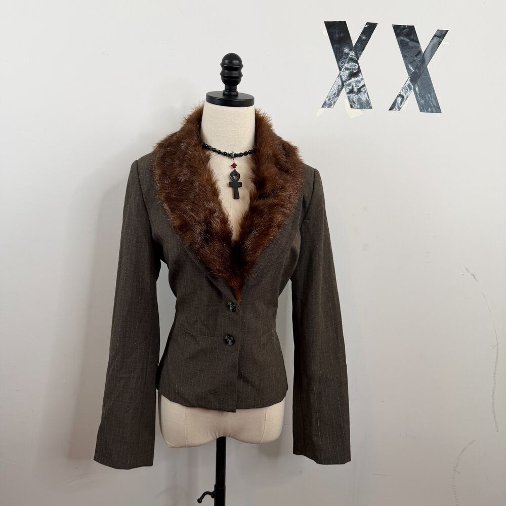 Vintage 90s Brown Plaid Lurex Detachable Faux Fur Collar Peplum Blazer 10 T